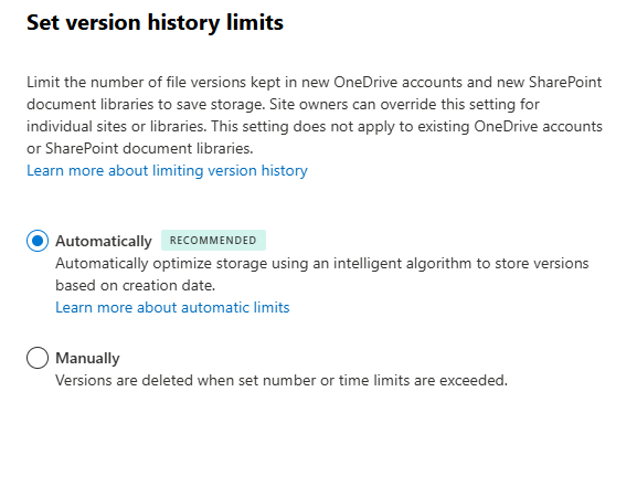 Set version history limits automatically