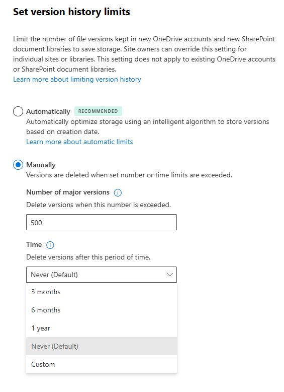 Set version history limits manually